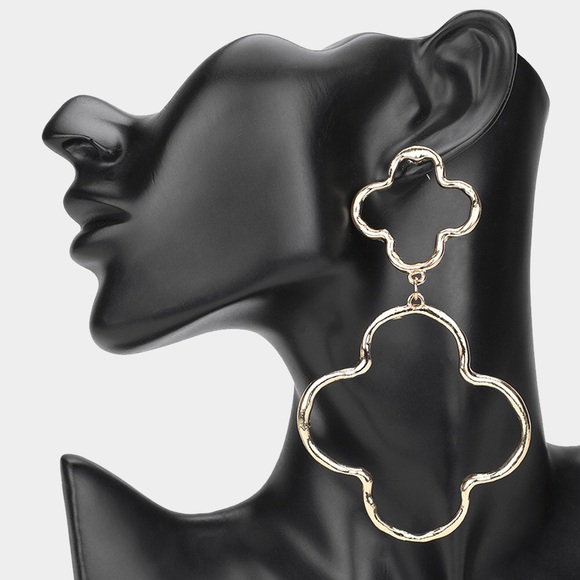Oversized Hammered Metal Quatrefoil Statement Earrings - Picture 1 of 2